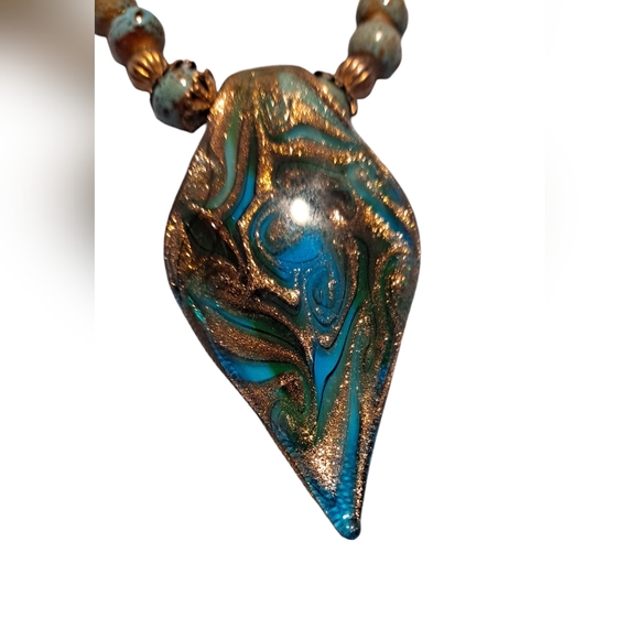 Aqua Green Glass Teardrop Shape With Calcilica Beads 20" Long - Picture 3 of 8